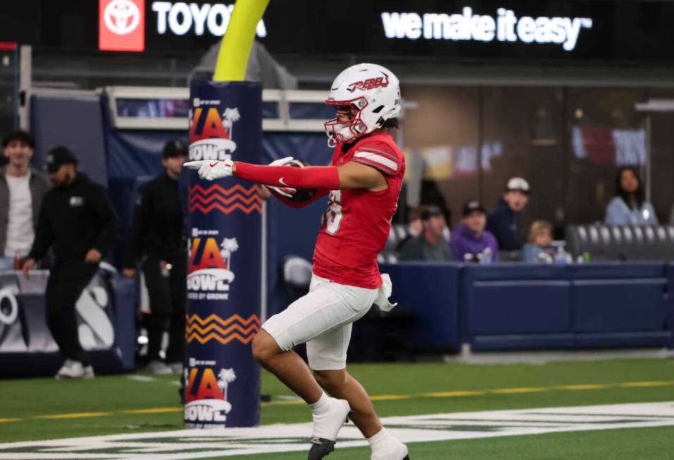 UNLV wide receiver Kayden McGee (16) celebrates a touchdown against Cal during the first half o ...