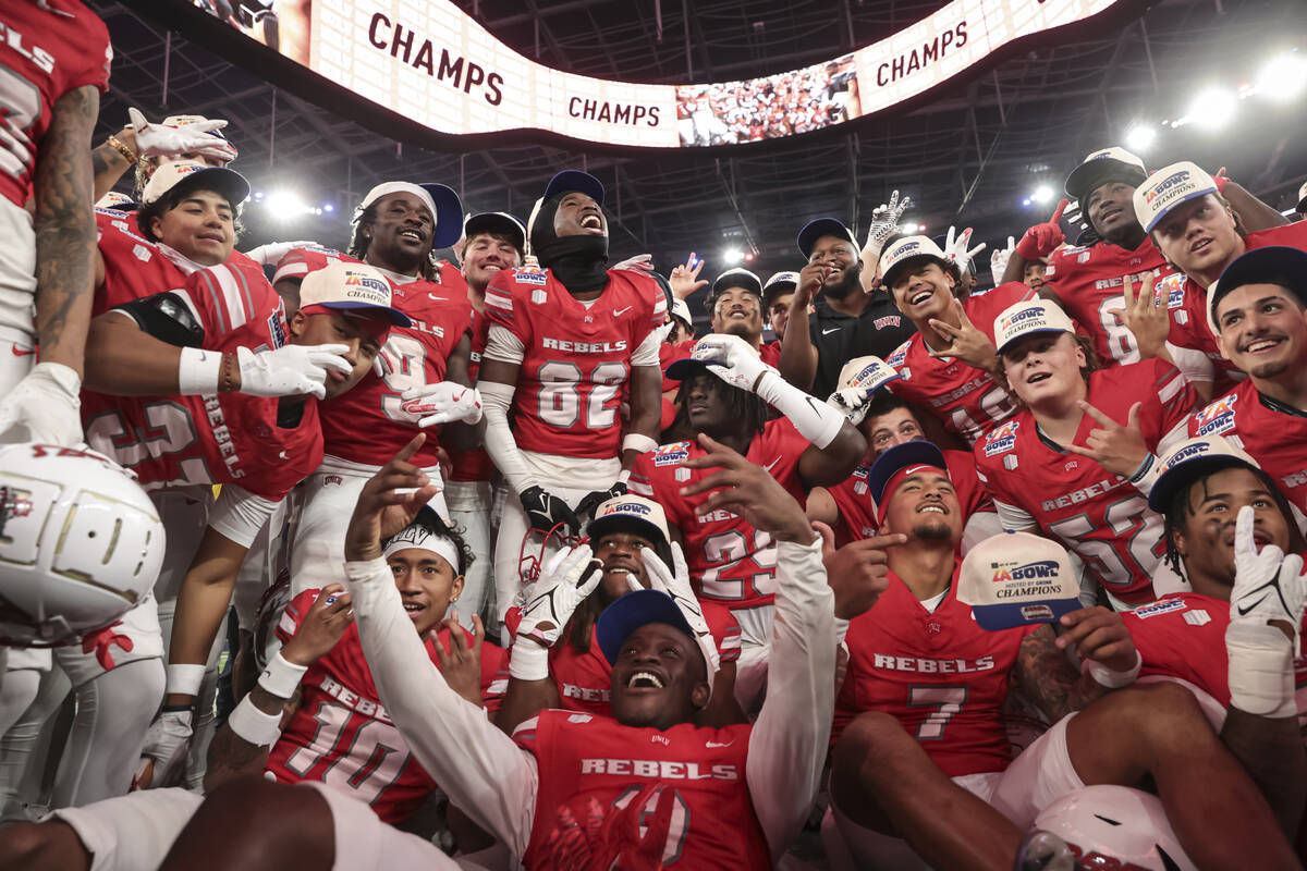 UNLV players celebrate after defeating Cal in the LA Bowl NCAA college football game at SoFi St ...