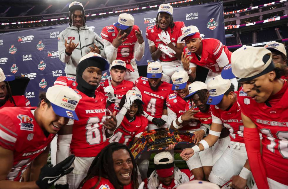 UNLV players celebrate after defeating Cal in the LA Bowl NCAA college football game at SoFi St ...