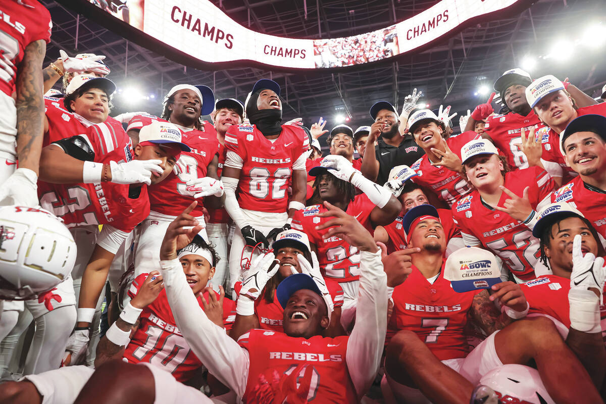 UNLV players celebrate after defeating Cal in the LA Bowl NCAA college football game at SoFi St ...