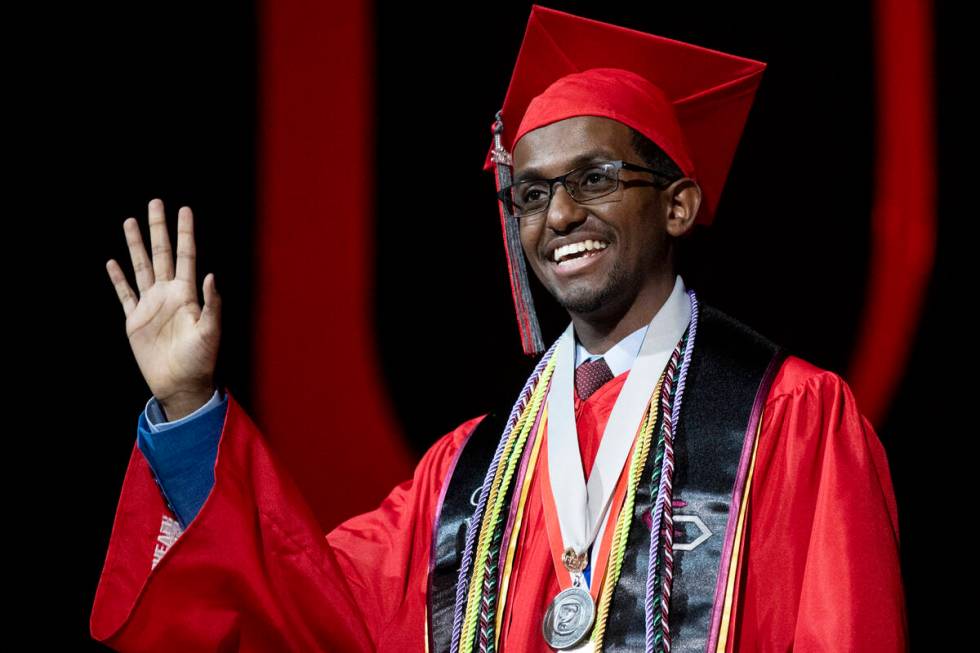 Outstanding Graduate Samer Youssouf is introduced during the UNLV winter commencement at the Th ...