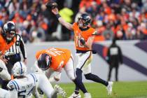 Denver Broncos quarterback Bo Nix (10) in the second half of an NFL football game Sunday, Dec. ...