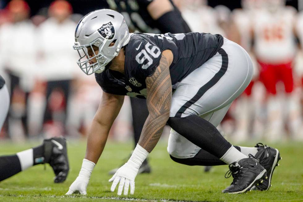 Raiders defensive tackle Jonah Laulu (96) lines up against the against the Kansas City Chiefs d ...