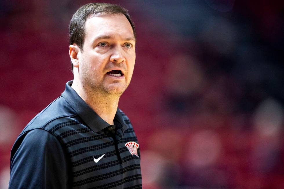 UNLV head coach Kevin Kruger questions a referee during the first half of the college basketbal ...