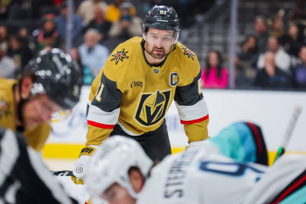 Golden Knights right wing Mark Stone (61) waits for the puck to drop during an NHL hockey game ...