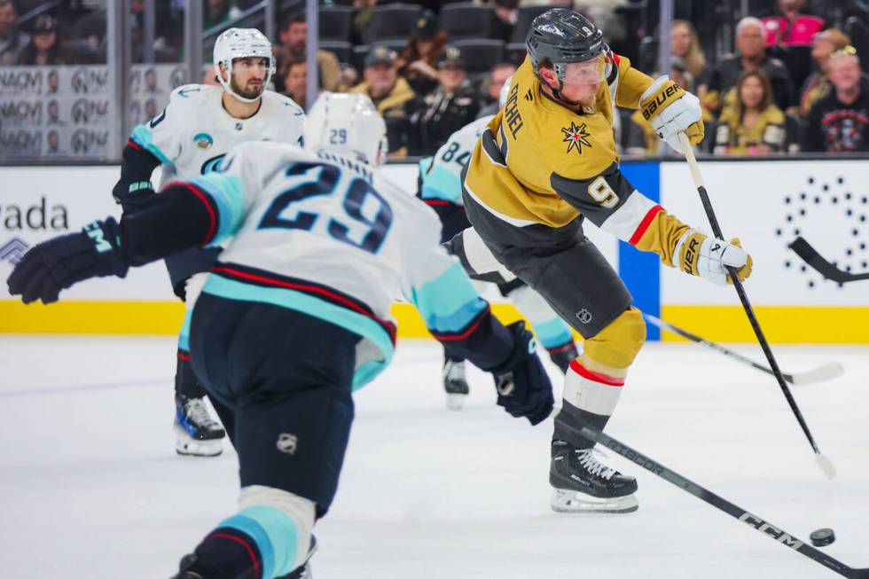 Golden Knights center Jack Eichel (9) attempts a goal during an NHL hockey game between the Gol ...