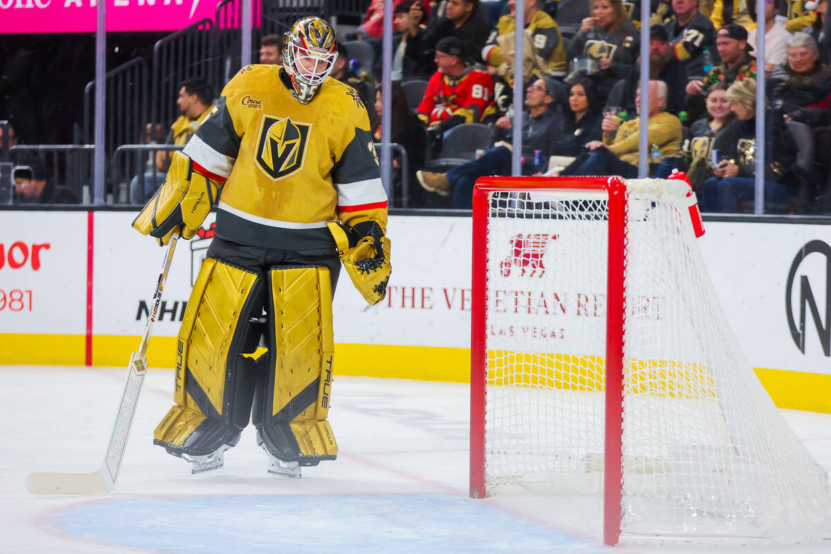 Golden Knights goaltender Ilya Samsonov (35) skates near the net after the Kraken failed to sco ...