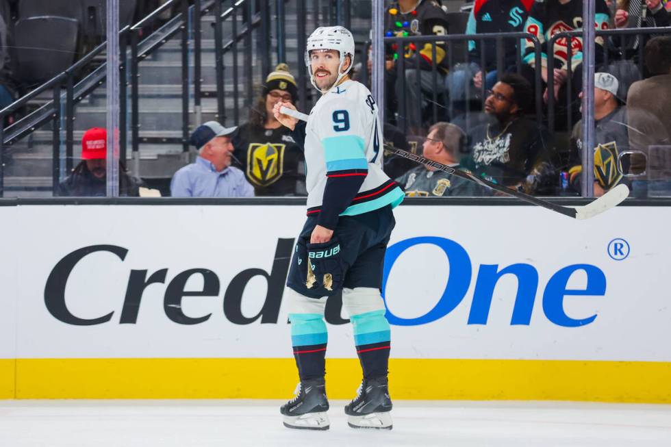 Seattle Kraken center and former Golden Knights center Chandler Stephenson smiles during an NHL ...