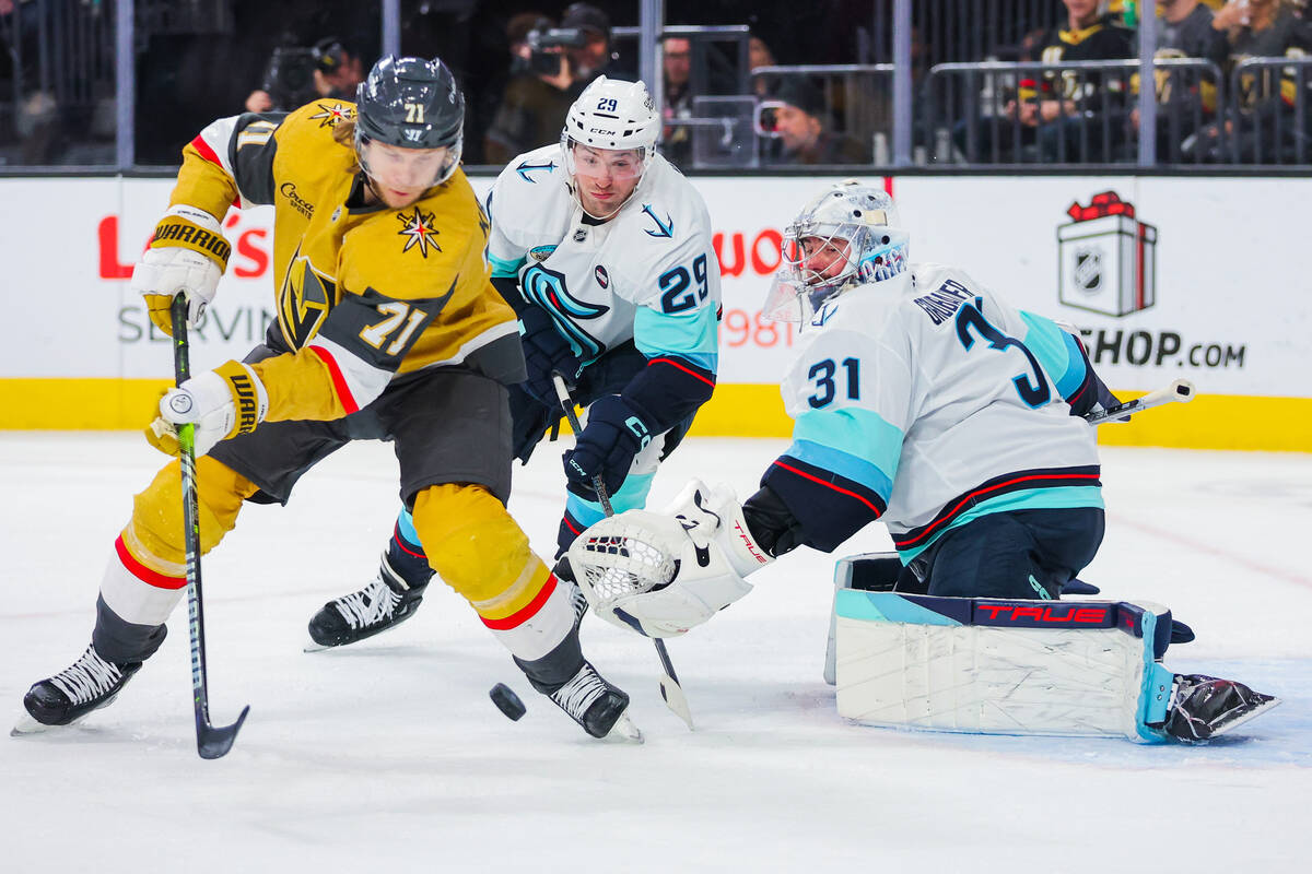 Golden Knights center William Karlsson (71) skates after the puck during an NHL hockey game bet ...