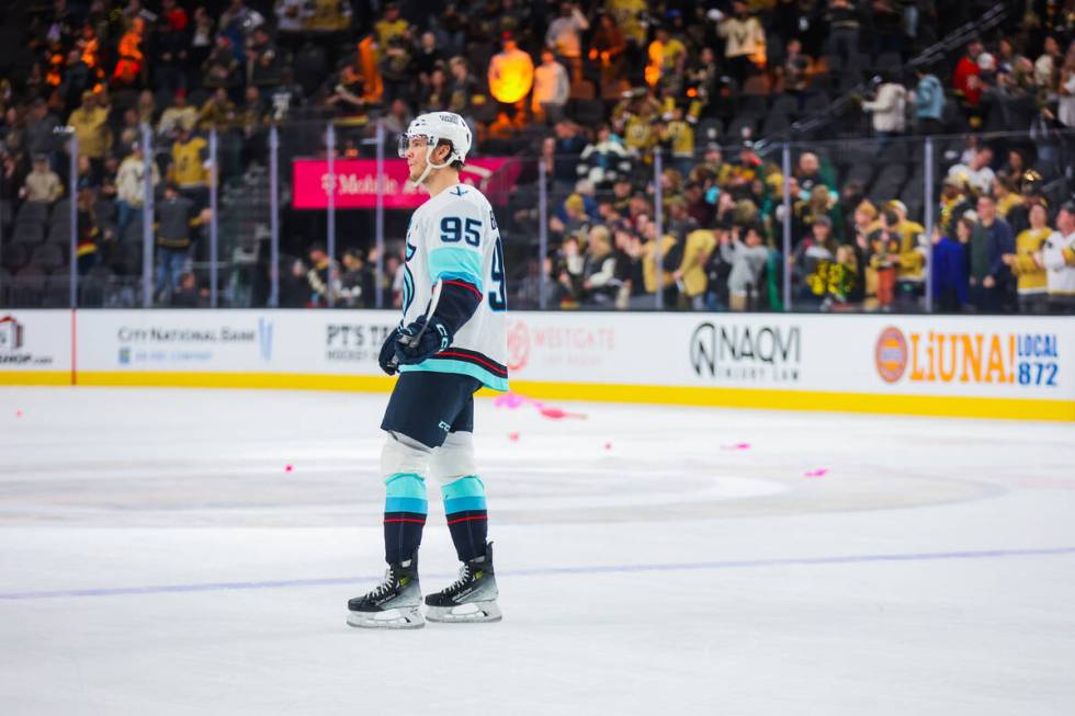 Seattle Kraken left wing Andre Burakovsky skates off the ice after the Kraken lost 6-2 during a ...