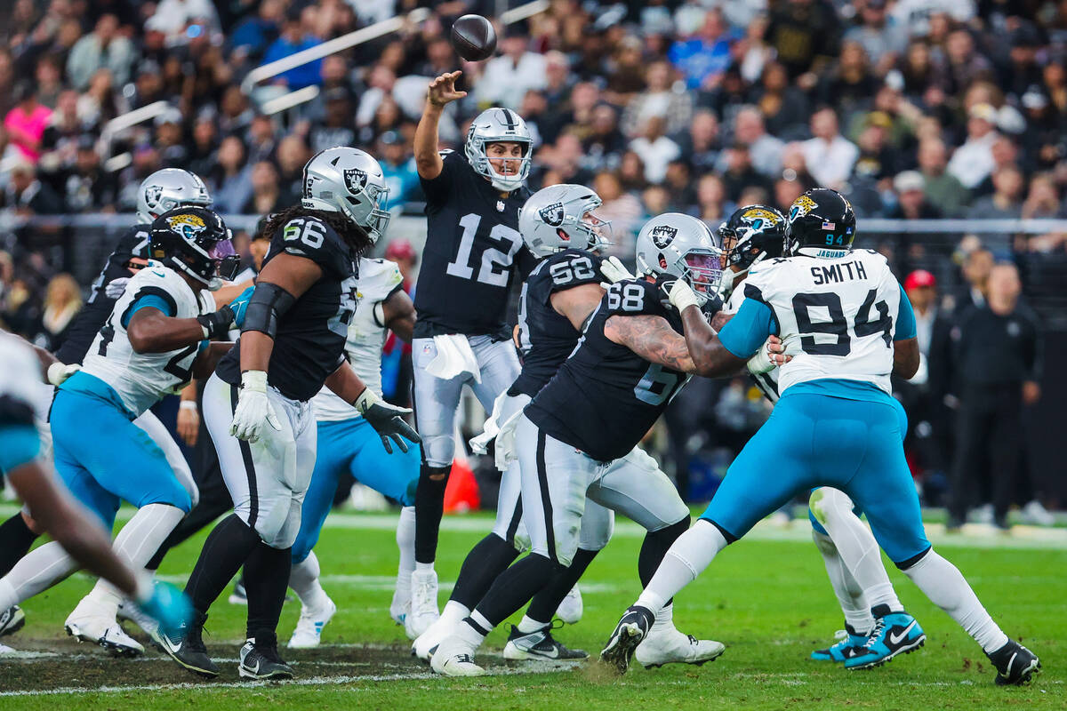 Raiders quarterback Aidan O'Connell (12) throws the ball during an NFL football game between th ...