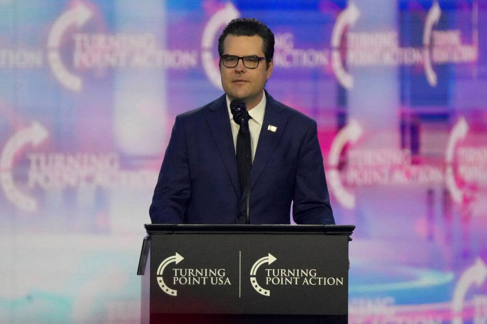 Former Rep. Matt Gaetz, R- Fla., speaks at AmericaFest, Sunday, Dec. 22, 2024, in Phoenix. (AP ...