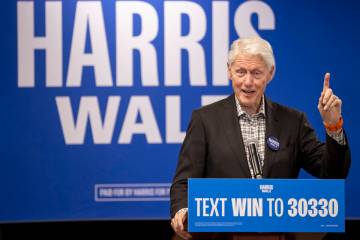 Former President Bill Clinton speaks during a Harris-Walz campaign stop at the Doolittle Commun ...