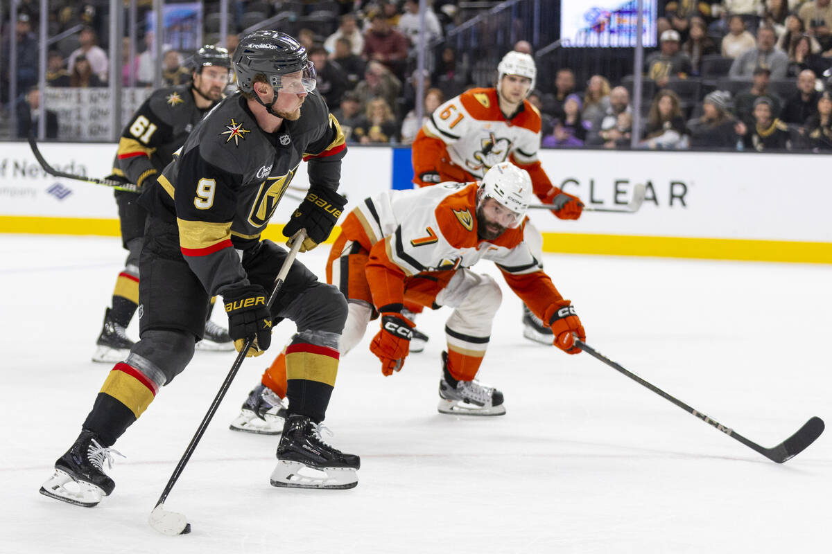 Golden Knights center Jack Eichel (9) looks to attempt a shot during the third period of the NH ...