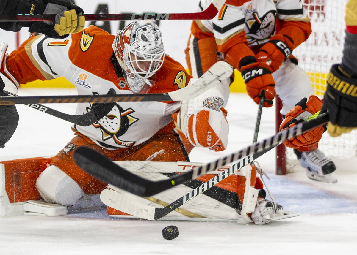 Anaheim Ducks goaltender Lukas Dostal (1) watches the puck through a sea of sticks during the t ...