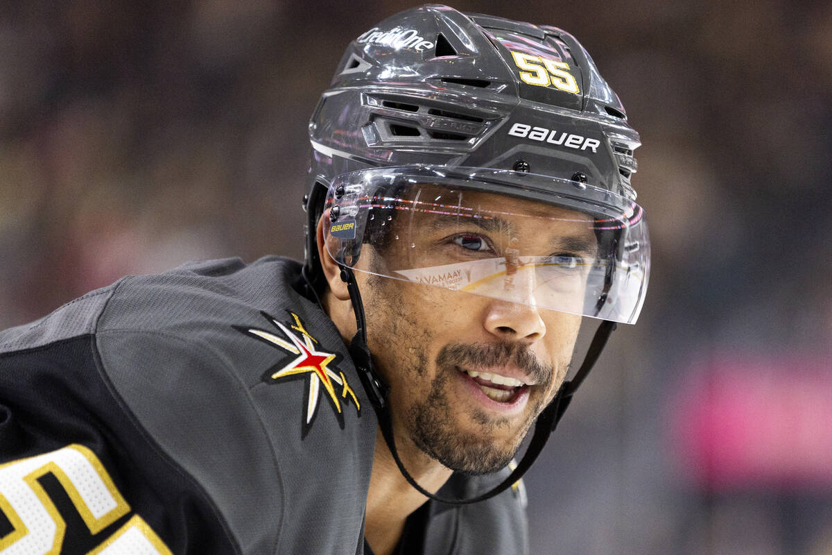 Golden Knights right wing Keegan Kolesar (55) smiles during the third period of the NHL hockey ...