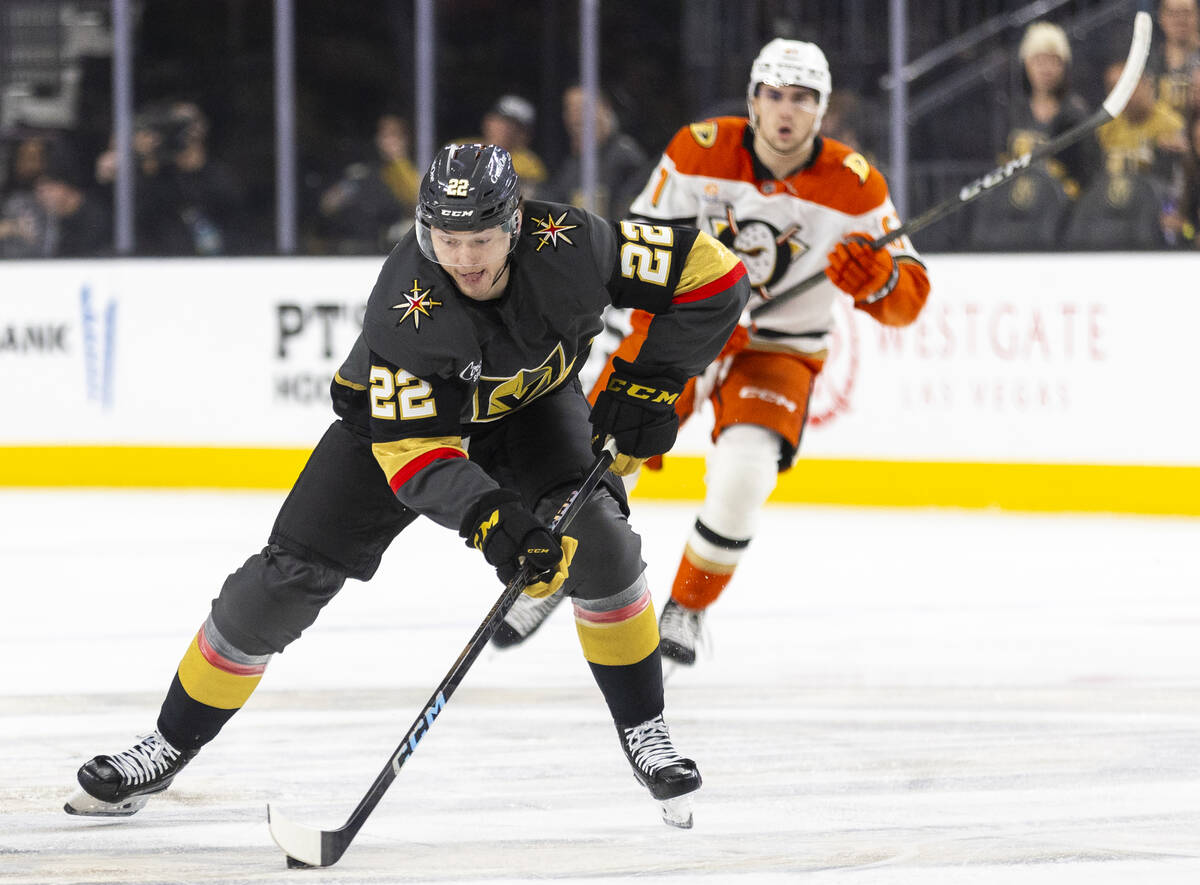 Golden Knights right wing Cole Schwindt (22) controls the puck during the first period of the N ...