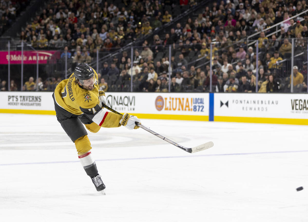 Golden Knights defenseman Alex Pietrangelo (7) shoots the puck during the NHL hockey game again ...