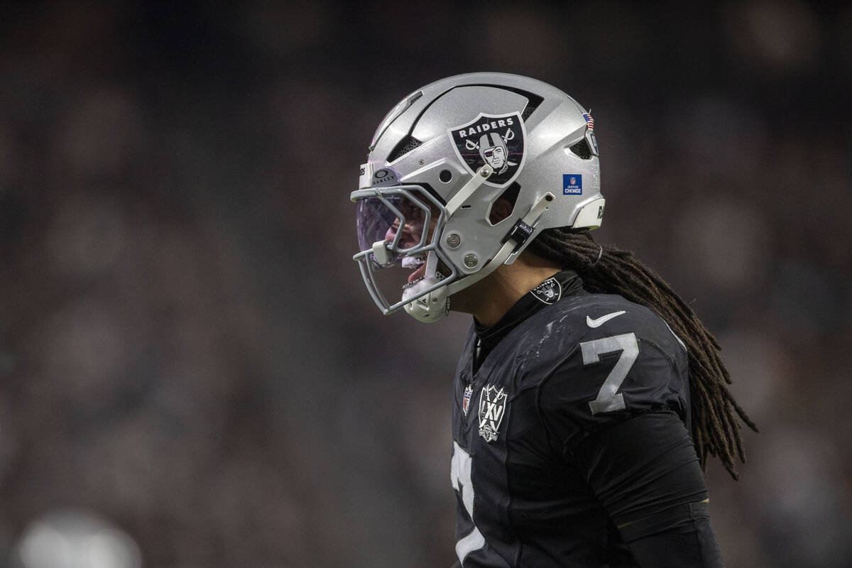 Raiders safety Tre'von Moehrig (7) smiles after a big play during the second half of an NFL gam ...