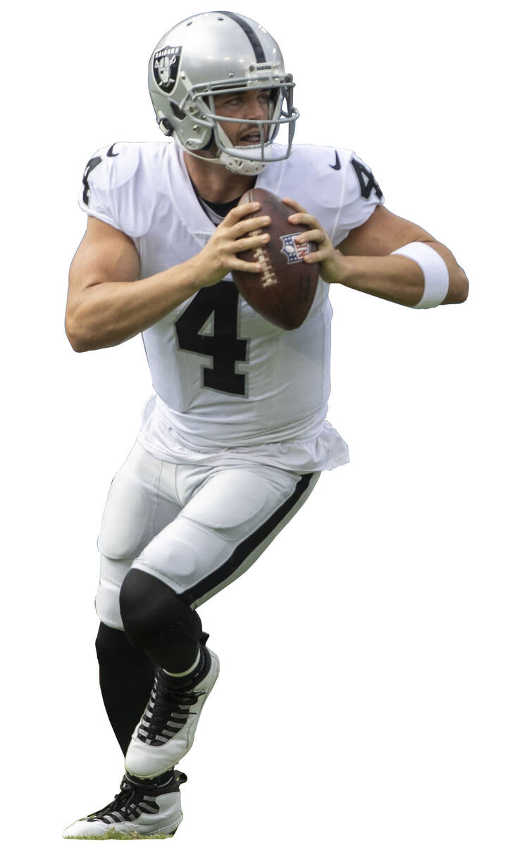 Raiders quarterback Derek Carr (4) looks to make a throw during the first half of an NFL game a ...