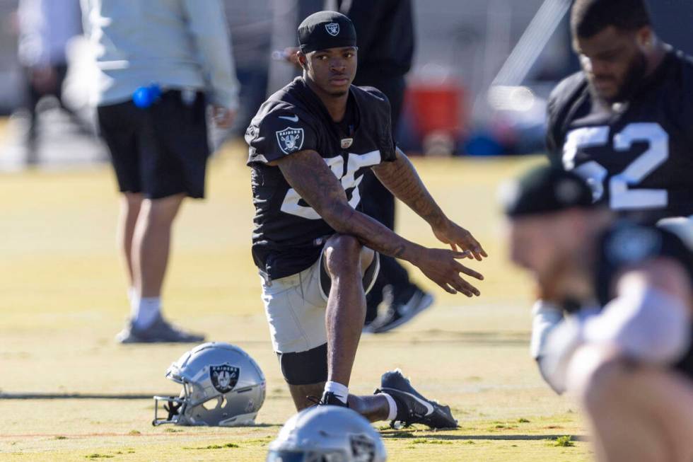 Raiders cornerback Decamerion Richardson (25) stretches during the team’s practice on We ...