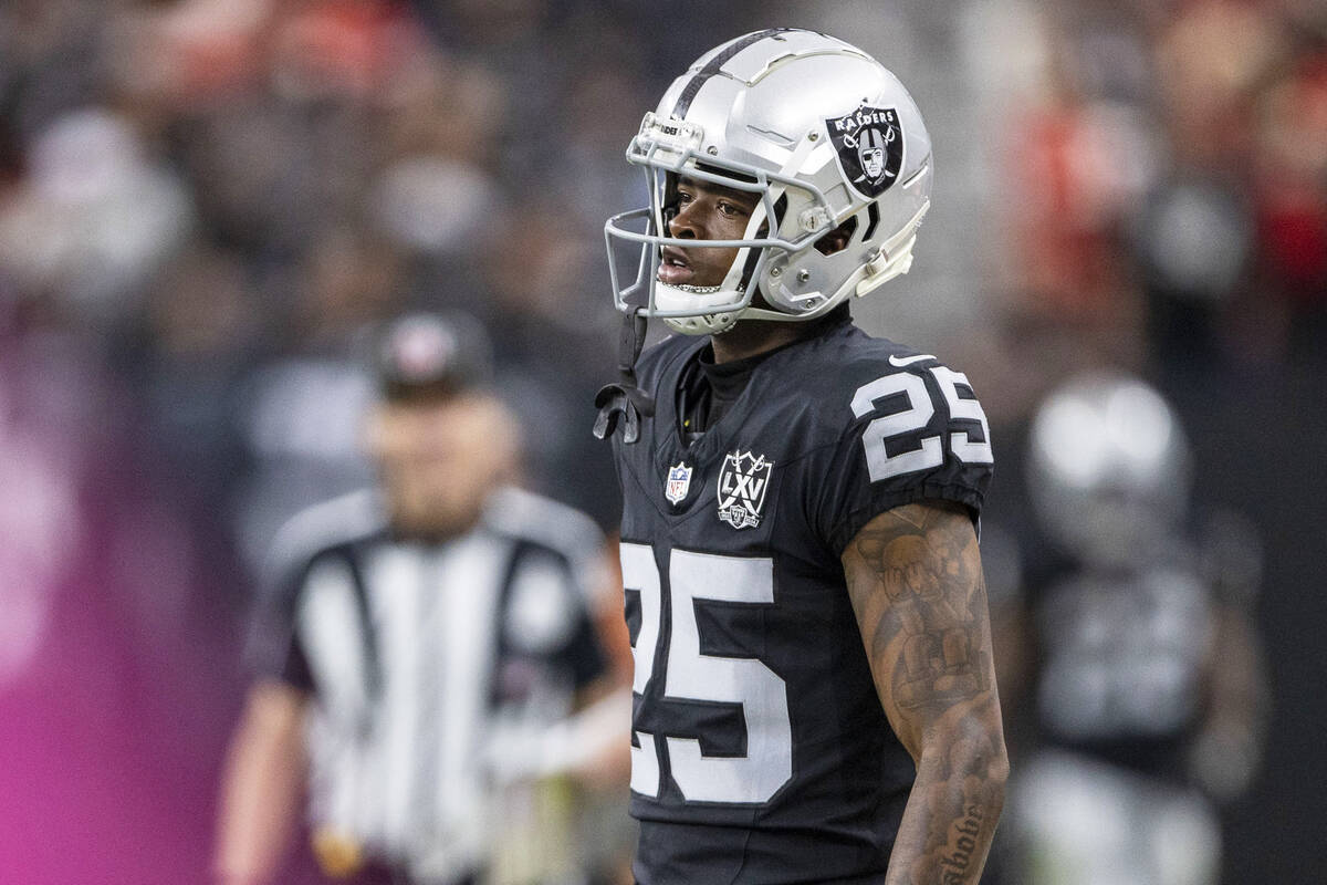 Raiders cornerback Decamerion Richardson (25) looks on from the sideline during the second half ...