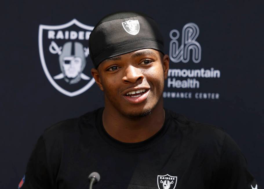 Raiders rookie cornerback Decamerion Richardson addresses the media after rookies first day of ...