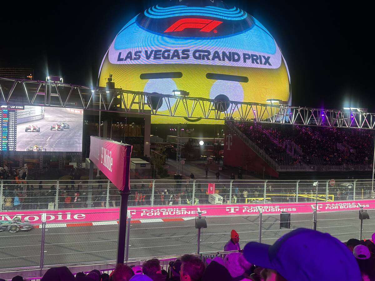 The view from the T-Mobile Zone at the Sphere during Formula 1 Las Vegas Grand Prix on Saturday ...