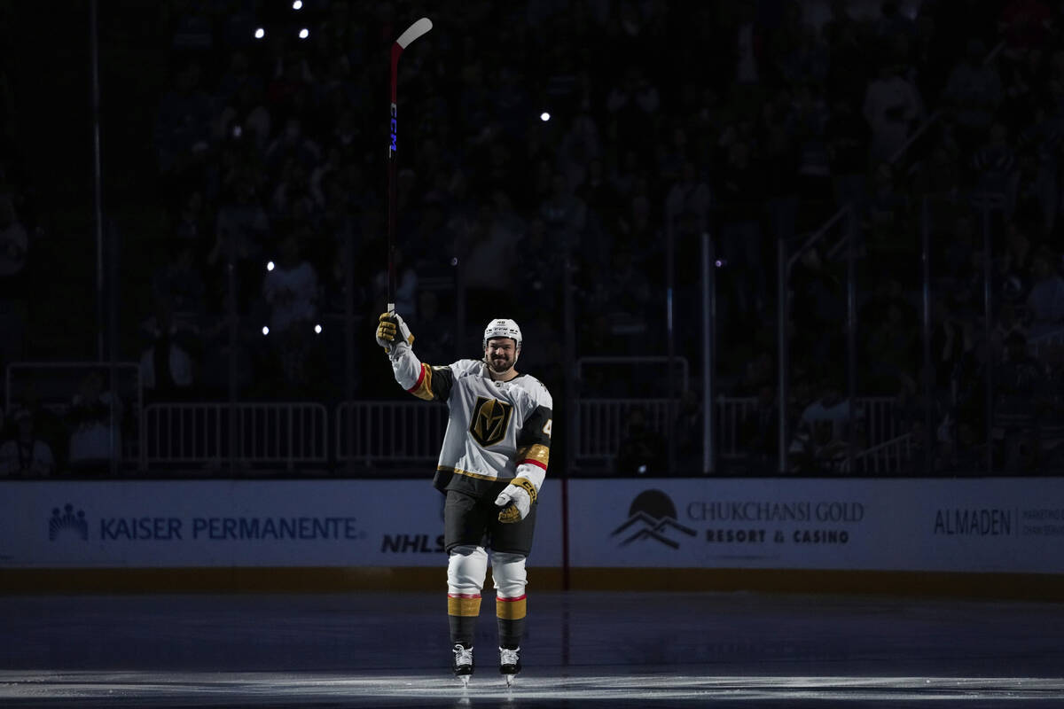 Vegas Golden Knights center Tomas Hertl gestures while being introduced before an NHL hockey ga ...