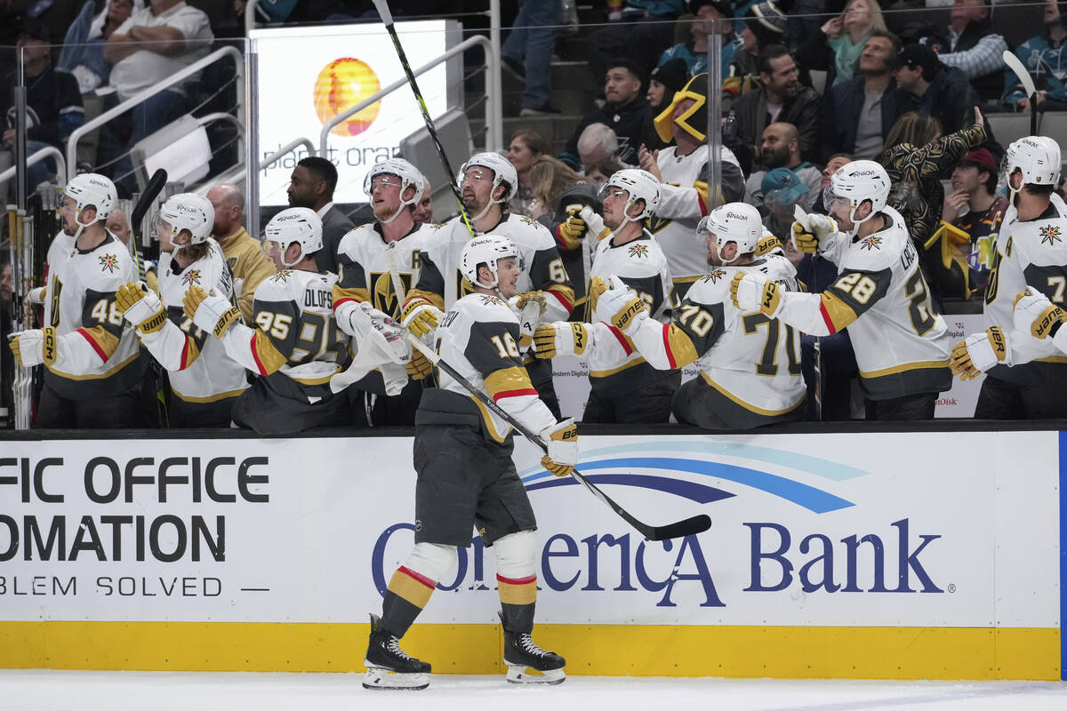 Vegas Golden Knights left wing Pavel Dorofeyev (16) celebrates with teammates after scoring a g ...