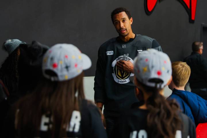 Golden Knights right wing Keegan Kolesar meets with members of Adam’s Place during a pra ...