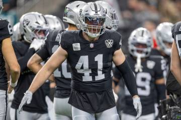 Raiders linebacker Robert Spillane (41) gets hyped up before an NFL game against the Jacksonvil ...