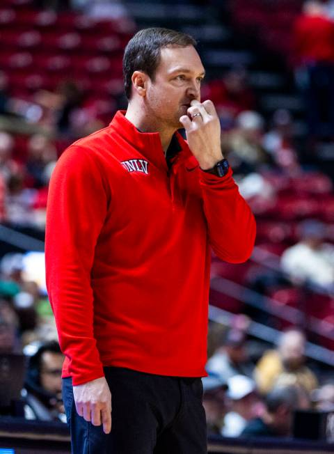 UNLV head coach Kevin Kruger nervously watches his players as the game tightens against the Fre ...