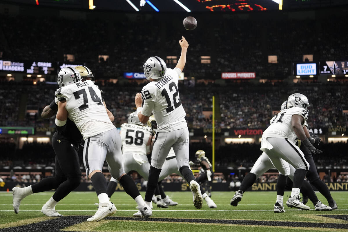 Las Vegas Raiders quarterback Aidan O'Connell (12) throws a pass during the first half of an NF ...