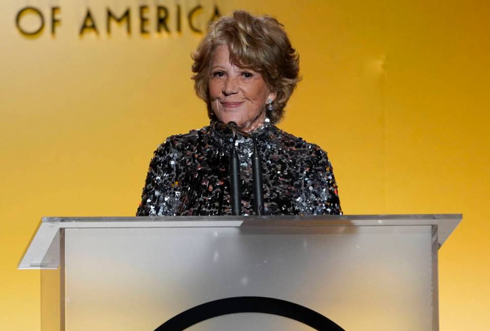 FILE - Linda Lavin speaks at the 33rd annual Producers Guild Awards, March 19, 2022, at the Fai ...