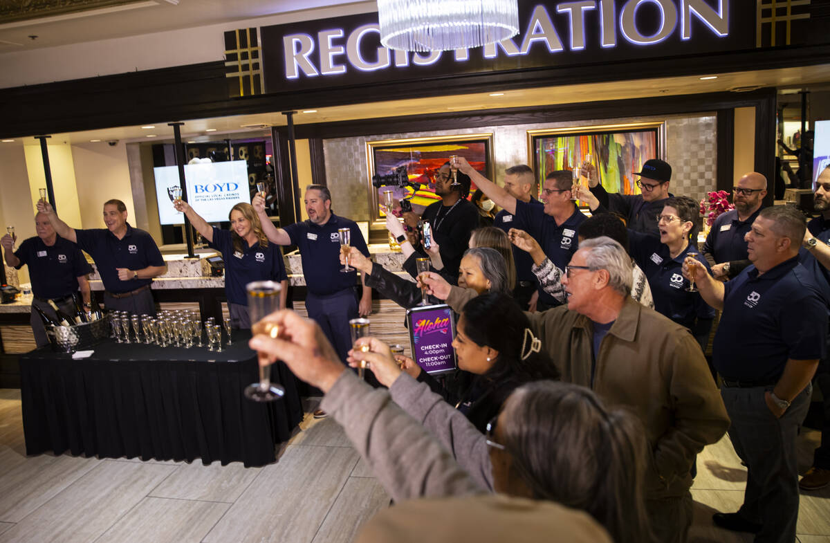 Current and former employees of the California Hotel and Boyd Gaming toast during the 50th anni ...