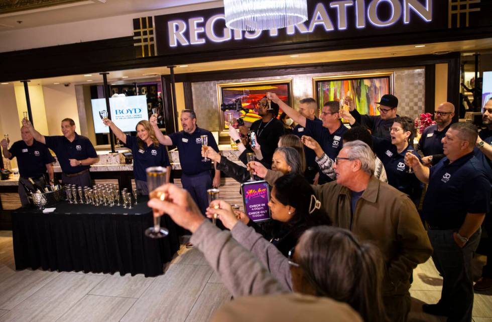 Current and former employees of the California Hotel and Boyd Gaming toast during the 50th anni ...