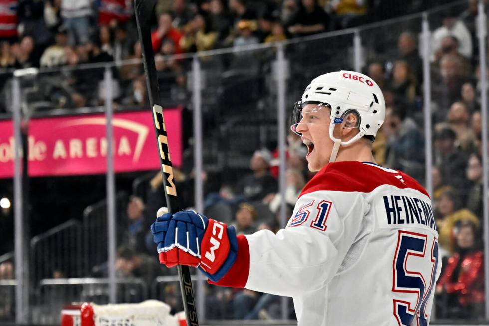 Montreal Canadiens left wing Emil Heineman reacts after scoring against the Vegas Golden Knight ...