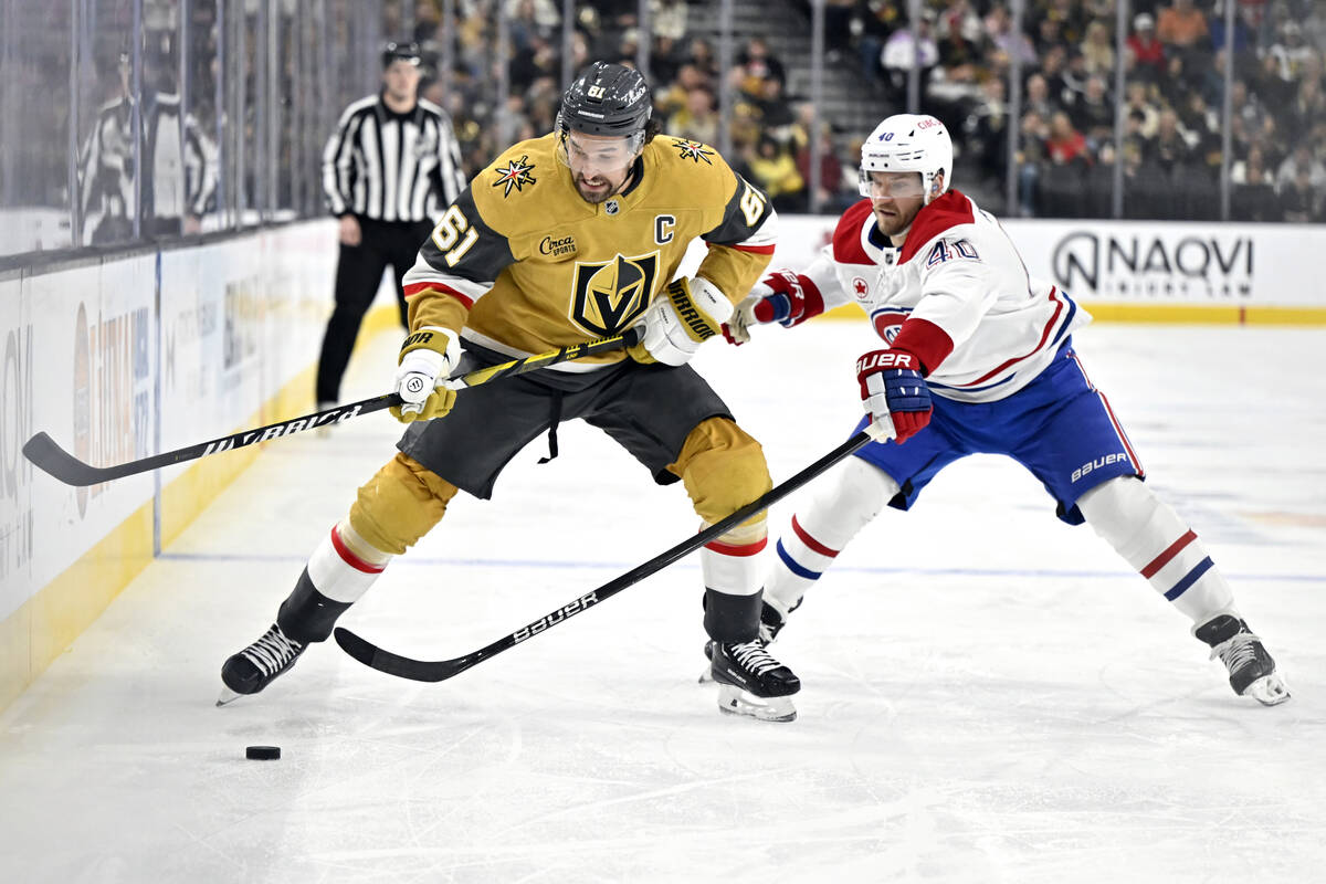 Montreal Canadiens center Kirby Dach (77) reacts after scoring against the Vegas Golden Knights ...