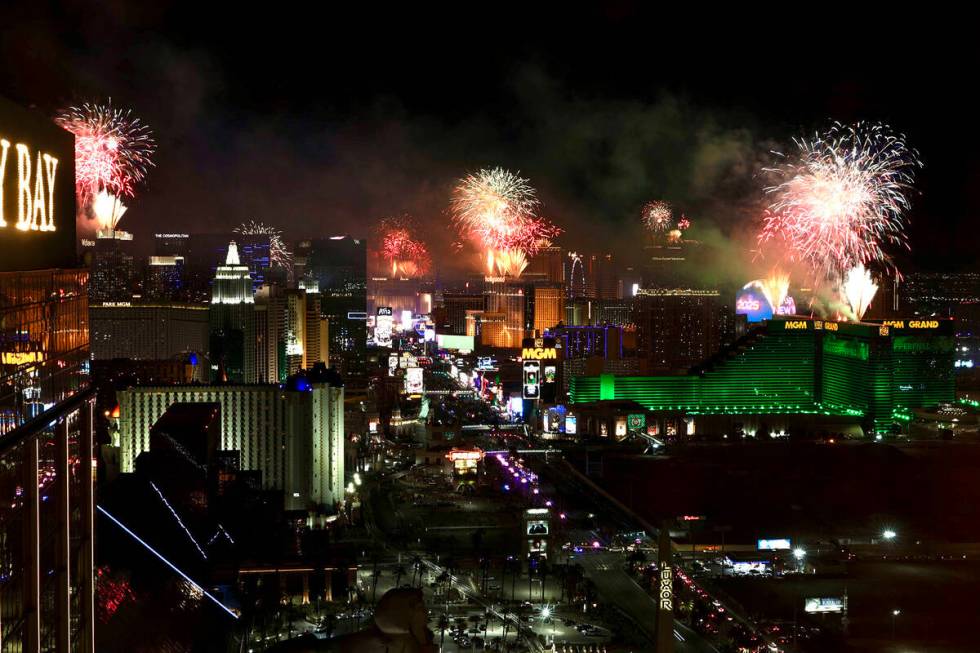 Fireworks explode above the Las Vegas Strip to ring in the new year on January 1, 2025. (L. E. ...