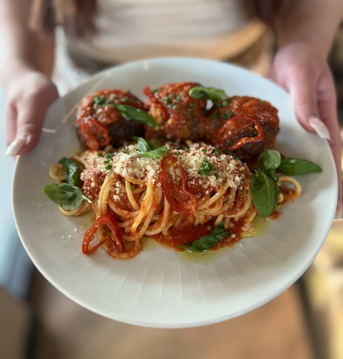 Spaghetti and house meatballs from Amari Italian Kitchen & Wine Shop in UnCommons in southwest ...