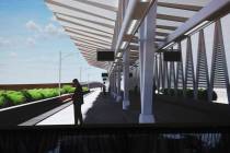 An artist rendering of Brightline West is displayed during the groundbreaking ceremony of Brigh ...