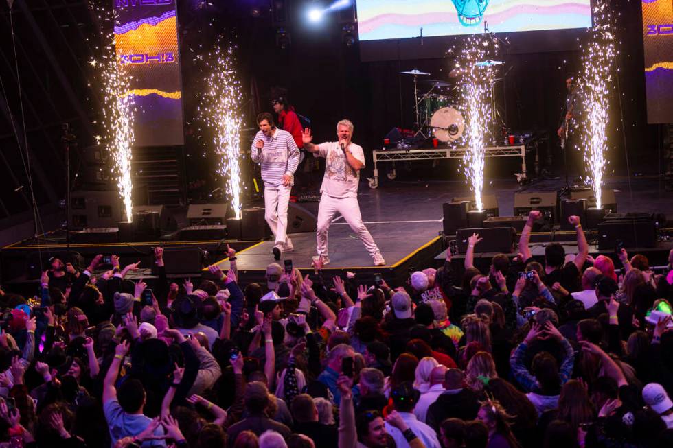 Nathaniel Motte, left, and Sean Foreman of 3OH!3 perform at the Fremont Street Experience durin ...