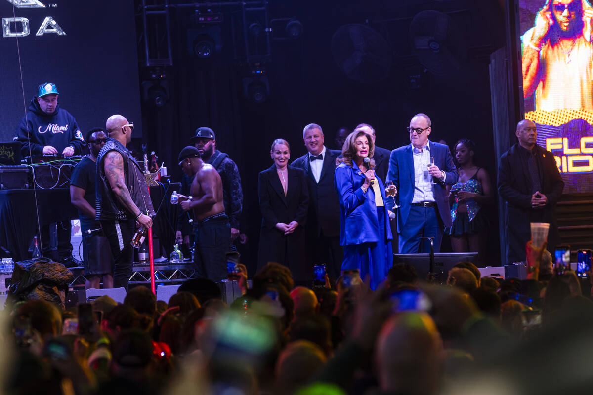 Las Vegas Mayor Shelley Berkley, center right, speaks while ringing in the New Year on stage wi ...