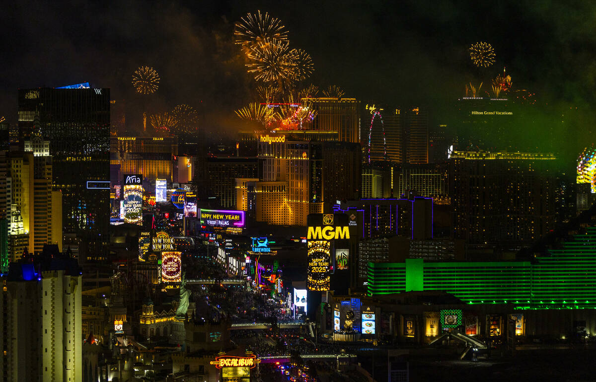 Fireworks erupt over the Strip as part of New Year's Eve celebrations across the city as viewed ...