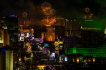 Fireworks erupt over the Strip as part of New Year's Eve celebrations across the city as viewed ...