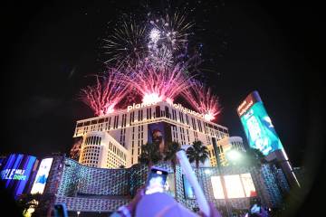 Fireworks burst over Planet Hollywood as Las Vegas rings in the new year Wednesday, January 1, ...