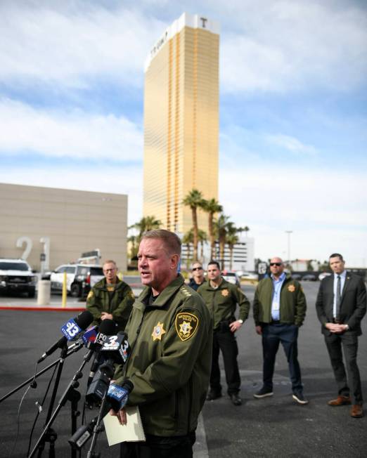 Sheriff Kevin McMahill briefs the media about the fire and explosion of a Tesla Cybertruck outs ...