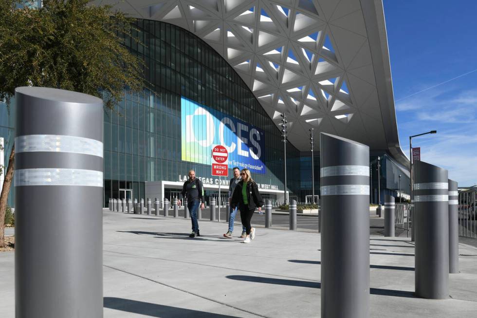 Bollards line the sidewalk in front of the Las Vegas Convention Center West Hall Thursday, Janu ...