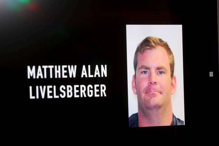 A photo of Matthew Alan Livelsberger is shown as Sheriff Kevin McMahill talks to the news media ...